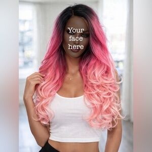 Balayage Pink Wig Ombré Curled Wavy Lace Front Dark Roots Synthetic Jem